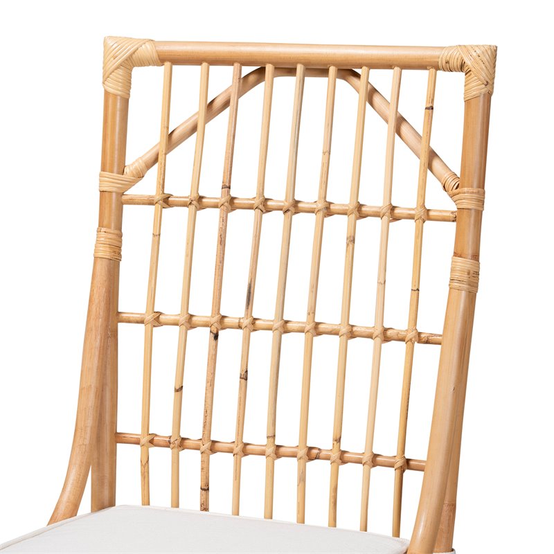 Pemberly Row Rose White Fabric Upholstered and Brown Rattan Dining Chair