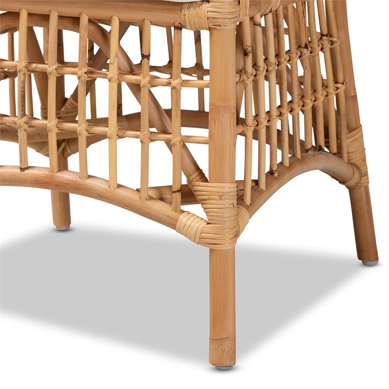 Pemberly Row Rose White Fabric Upholstered and Brown Rattan Dining Chair