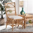 Pemberly Row Rose White Fabric Upholstered and Brown Rattan Dining Chair