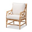 Pemberly Row White Fabric Upholstered and Natural Brown Rattan Armchair