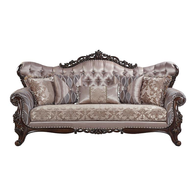 Pemberly Row Modern Sofa with 5 Pillows in Taupe and Antique Oak