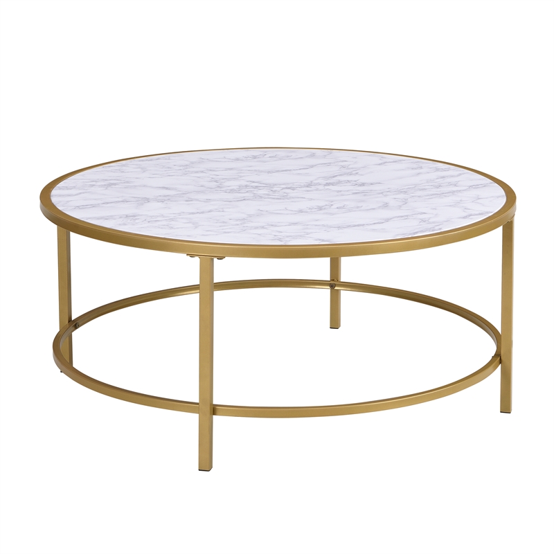 Pemberly Row Faux Marble Top 36 In Round Coffee Table in Gold