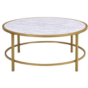 Pemberly Row Faux Marble Top 36 In Round Coffee Table in Gold