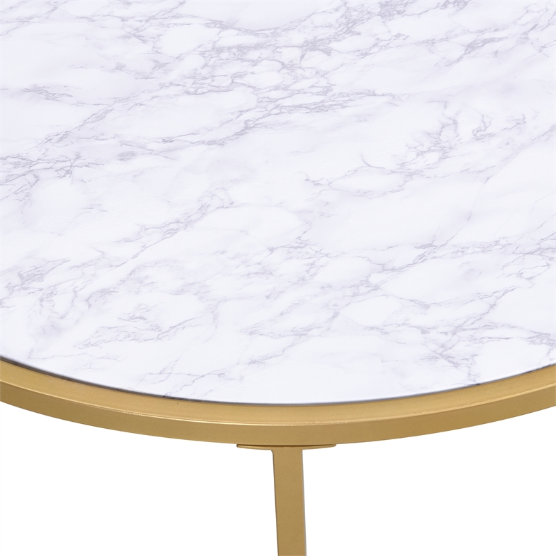 Pemberly Row Faux Marble Top 36 In Round Coffee Table in Gold