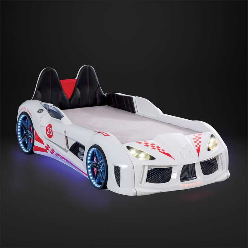 Pemberly Row Plastic Twin Race Car Bed with LED Light in White