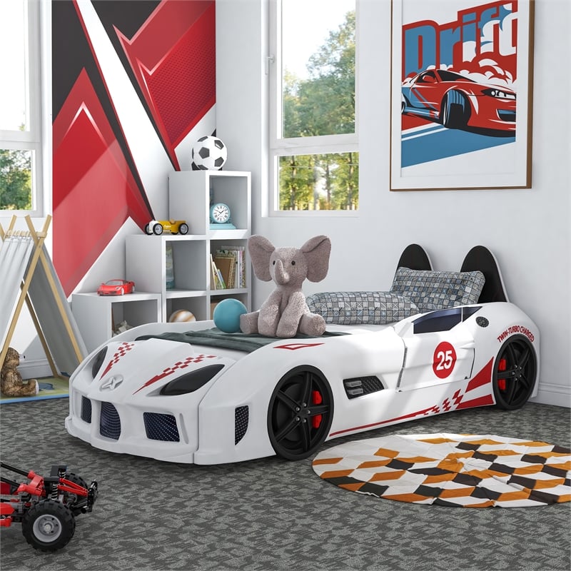 Pemberly Row Plastic Twin Race Car Bed with LED Light in White