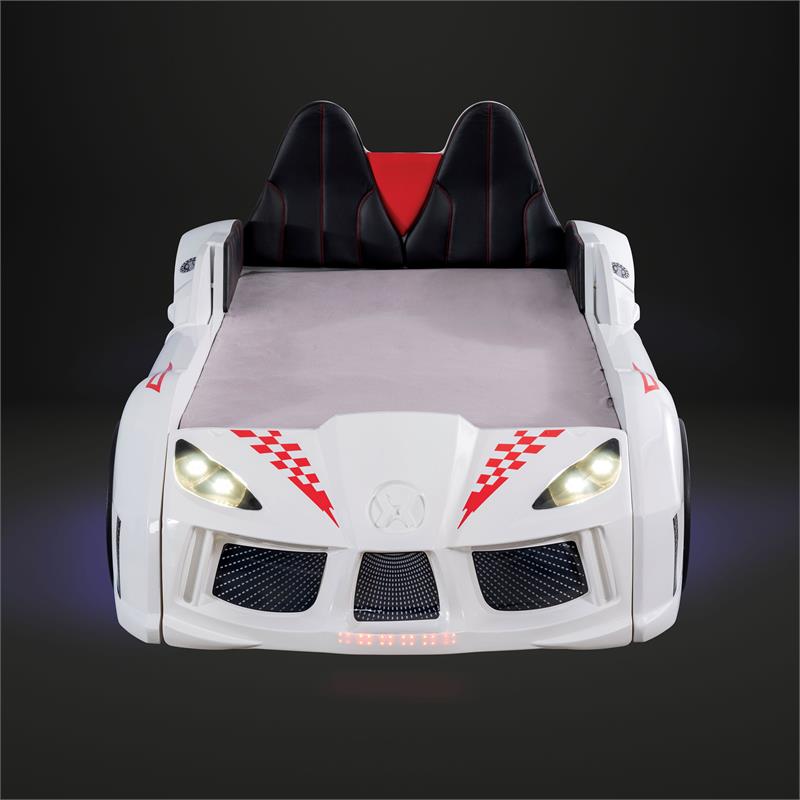 Pemberly Row Plastic Twin Race Car Bed with LED Light in White