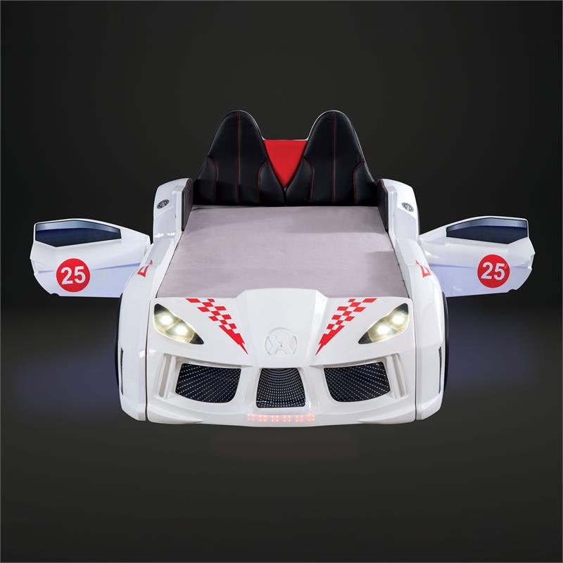 Pemberly Row Plastic Twin Race Car Bed with LED Light in White