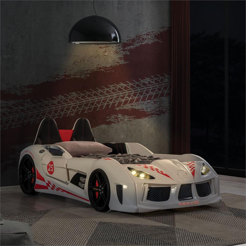 Pemberly Row Plastic Twin Race Car Bed with LED Light in White
