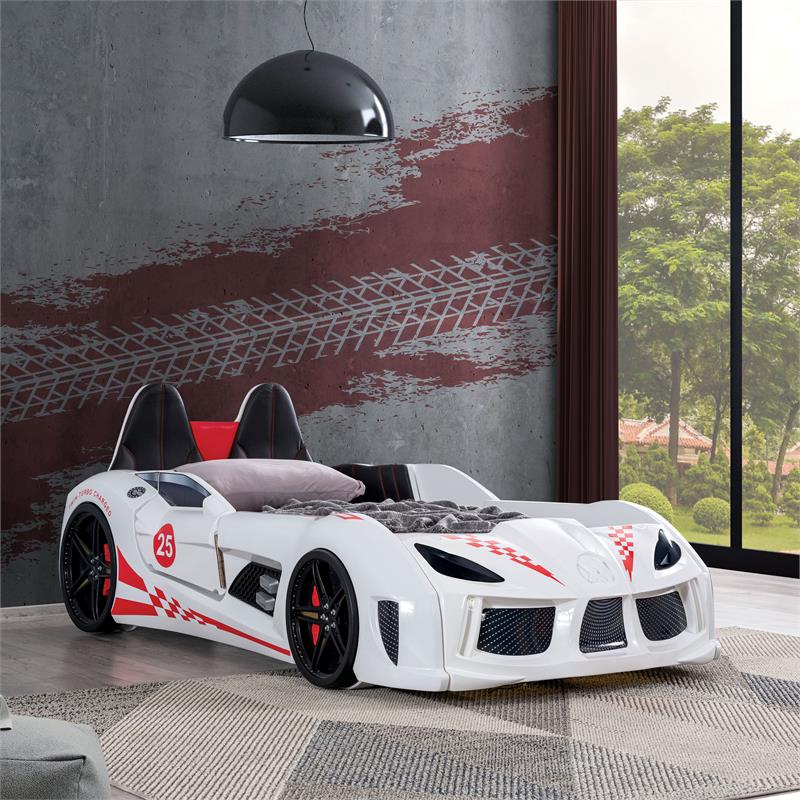 Pemberly Row Plastic Twin Race Car Bed with LED Light in White