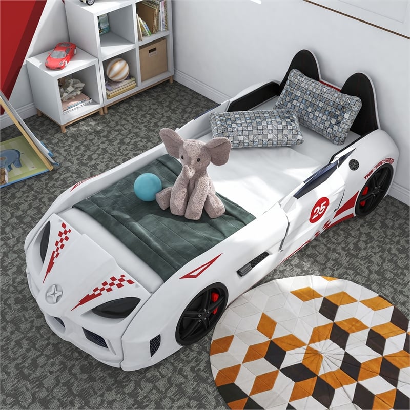 Pemberly Row Plastic Twin Race Car Bed with LED Light in White