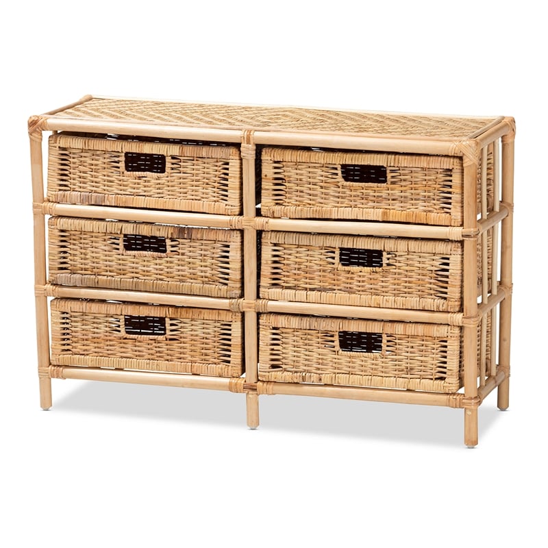 Pemberly Row Modern Natural Brown Rattan 6-Drawer Storage Cabinet