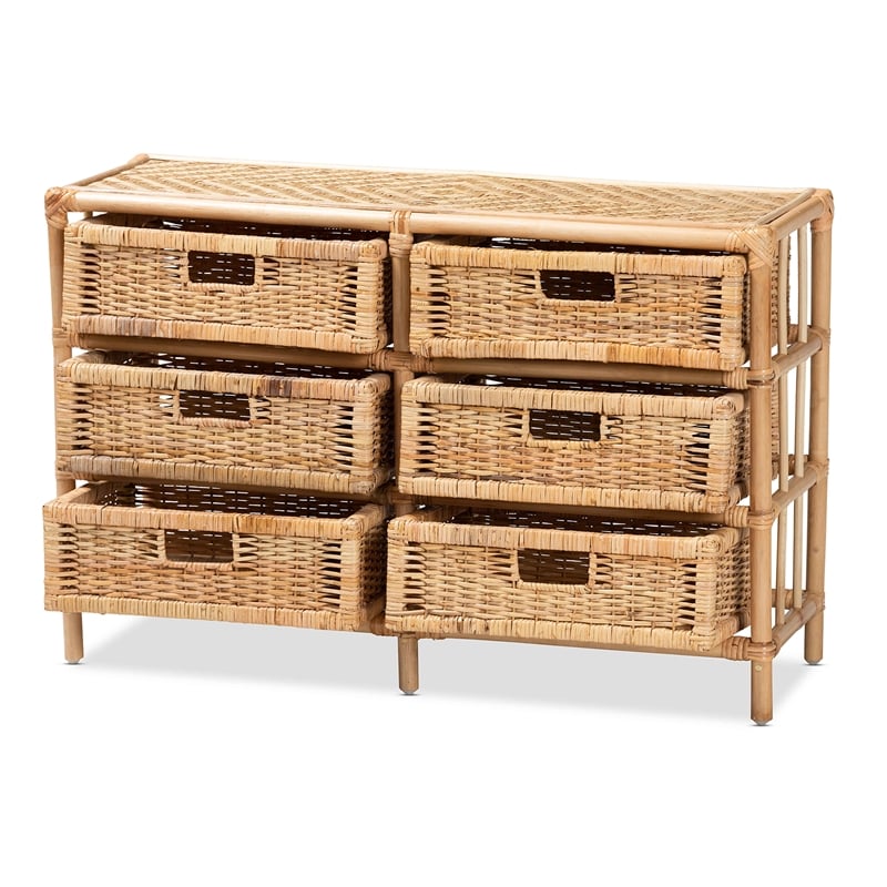 Pemberly Row Modern Natural Brown Rattan 6-Drawer Storage Cabinet
