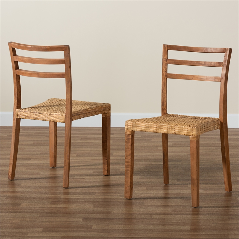 Pemberly Row Modern Brown Wood and Rattan 2-Piece Dining Chair Set