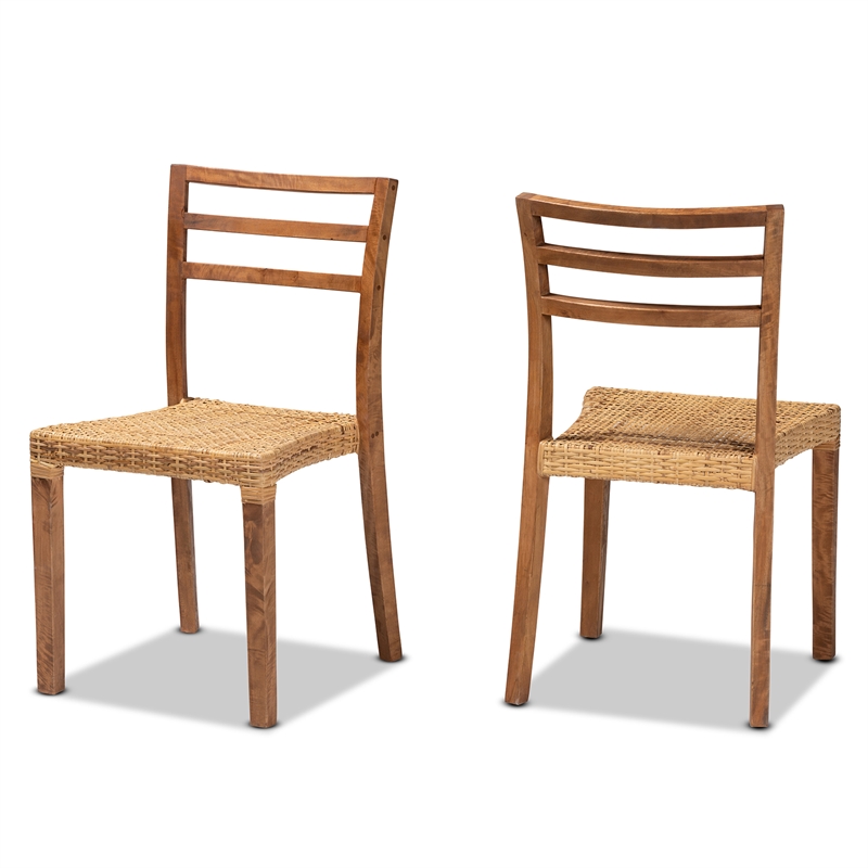 Pemberly Row Modern Brown Wood and Rattan 2-Piece Dining Chair Set