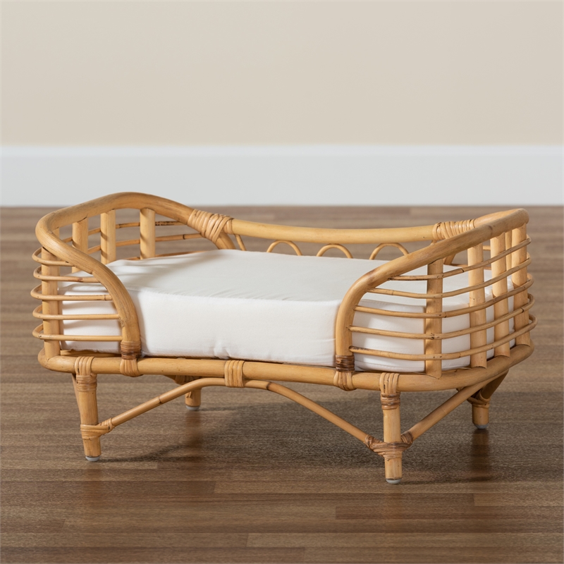 Pemberly Row Modern Bohemian Natural Brown Rattan Pet Bed with Cushion
