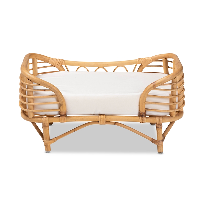 Pemberly Row Modern Bohemian Natural Brown Rattan Pet Bed with Cushion
