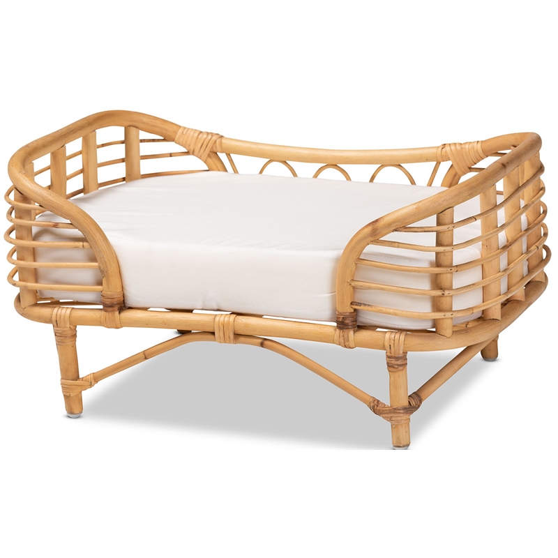 Pemberly Row Modern Bohemian Natural Brown Rattan Pet Bed with Cushion