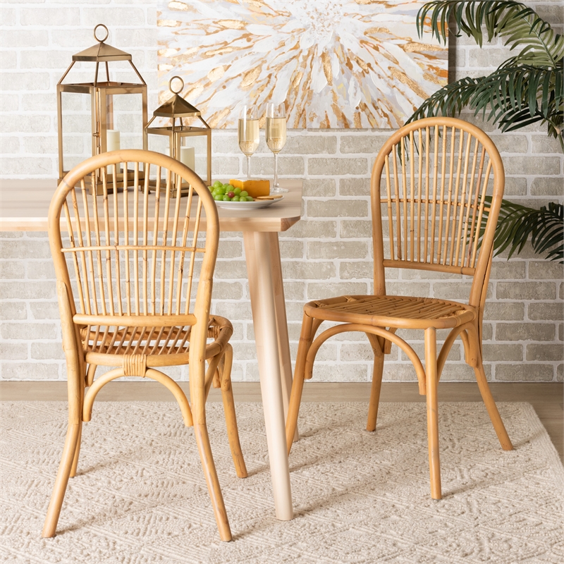 Pemberly Row Modern Bohemian Natural Brown Rattan 2-Piece Dining Chair Set