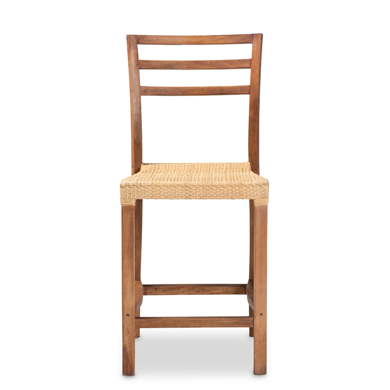 Pemberly Row Walnut Brown Finished Wood and Natural Rattan Counter Stool