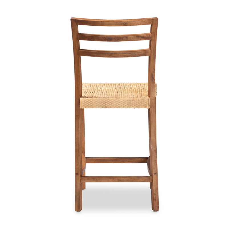 Pemberly Row Walnut Brown Finished Wood and Natural Rattan Counter Stool