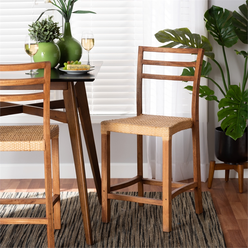 Pemberly Row Walnut Brown Finished Wood and Natural Rattan Counter Stool