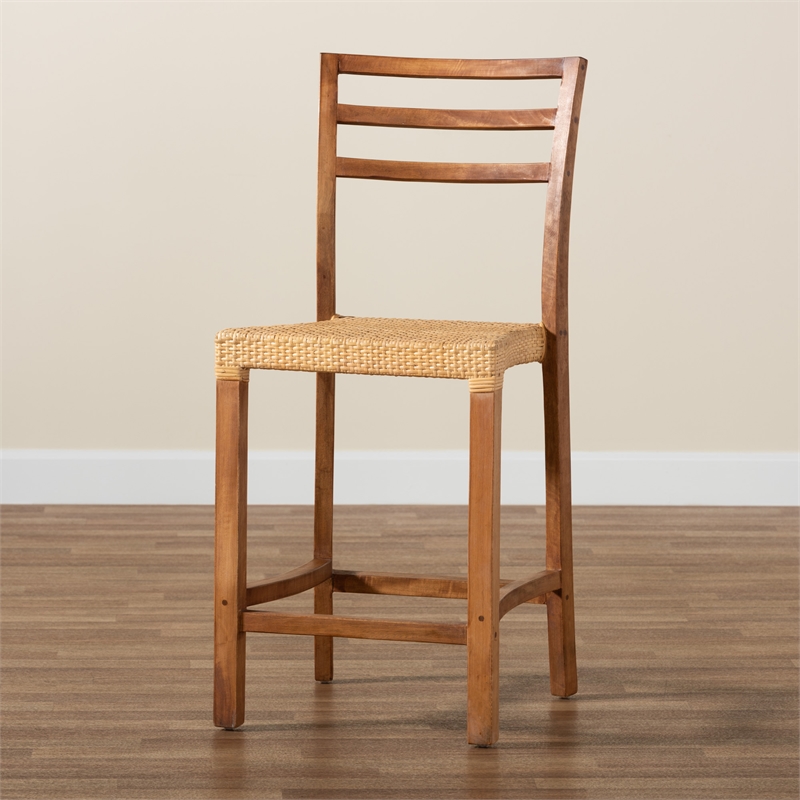 Pemberly Row Walnut Brown Finished Wood and Natural Rattan Counter Stool