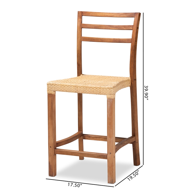 Pemberly Row Walnut Brown Finished Wood and Natural Rattan Counter Stool