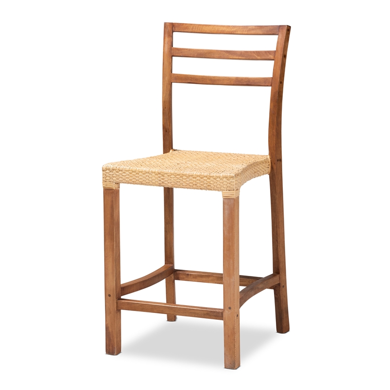 Pemberly Row Walnut Brown Finished Wood and Natural Rattan Counter Stool