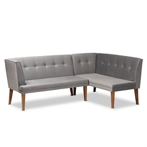 Pemberly Row Gray Velvet and Brown Wood 2-Piece Dining Nook Set