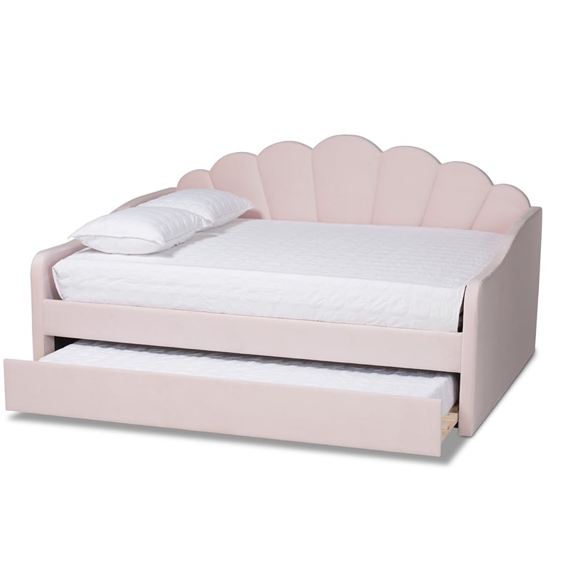 Pemberly Row Light Pink Velvet Fabric Queen Size Daybed with Trundle