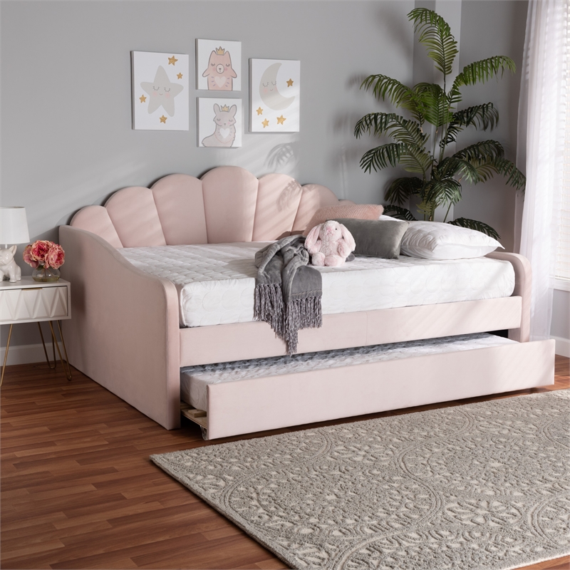 Pemberly Row Light Pink Velvet Fabric Queen Size Daybed with Trundle