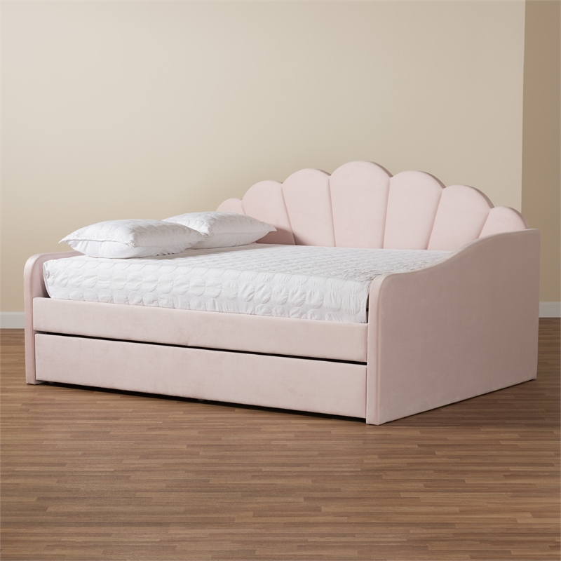 Pemberly Row Light Pink Velvet Fabric Queen Size Daybed with Trundle