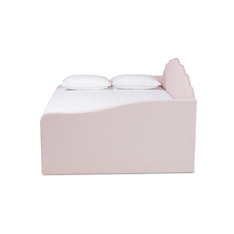 Pemberly Row Light Pink Velvet Fabric Queen Size Daybed with Trundle