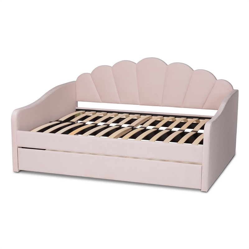 Pemberly Row Light Pink Velvet Fabric Queen Size Daybed with Trundle