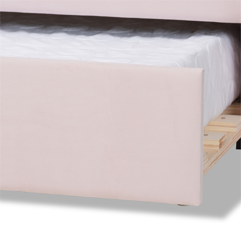 Pemberly Row Light Pink Velvet Fabric Queen Size Daybed with Trundle