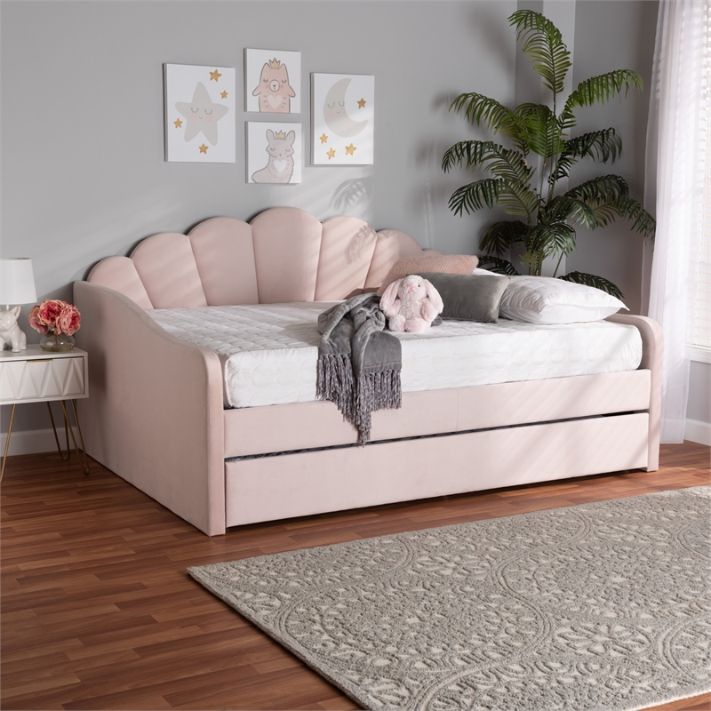 Pemberly Row Light Pink Velvet Fabric Queen Size Daybed with Trundle