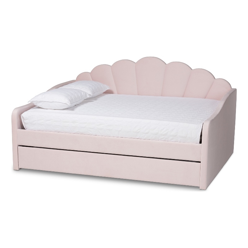 Pemberly Row Light Pink Velvet Fabric Queen Size Daybed with Trundle