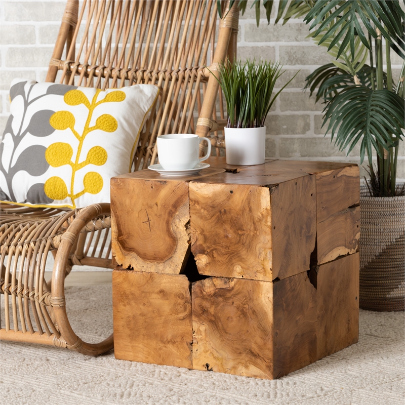 Pemberly Row Rustic Transitional Natural Brown Teak Root End Table