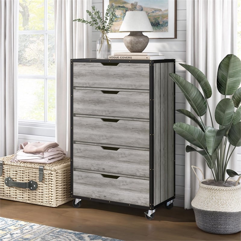 Pemberly Row Modern Wood 5-Drawer Dresser in Vintage Gray Oak