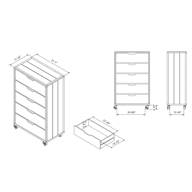 Pemberly Row Modern Wood 5-Drawer Dresser in Vintage Gray Oak