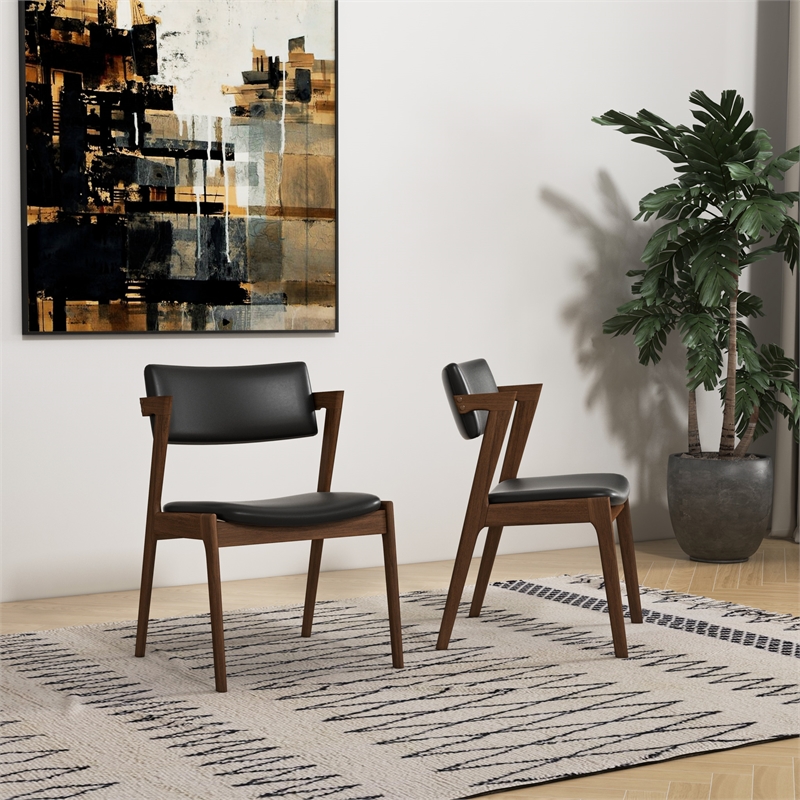 Pemberly Row Mid-Century Faux Leather Upholstered Dining Chair in Black (Pair)
