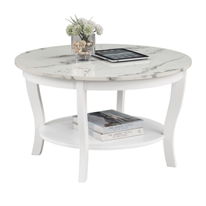 Pemberly Row Round Coffee Table with Shelf in White Wood and Faux Marble