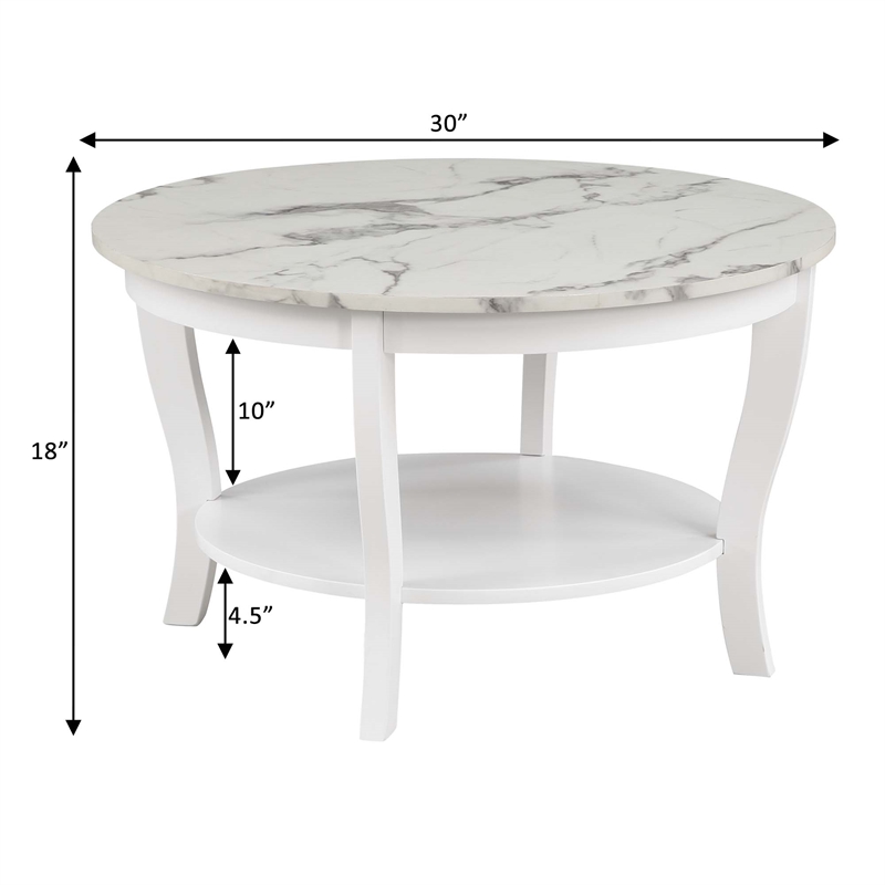 Pemberly Row Round Coffee Table with Shelf in White Wood and Faux Marble