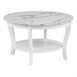 Pemberly Row Round Coffee Table with Shelf in White Wood and Faux Marble