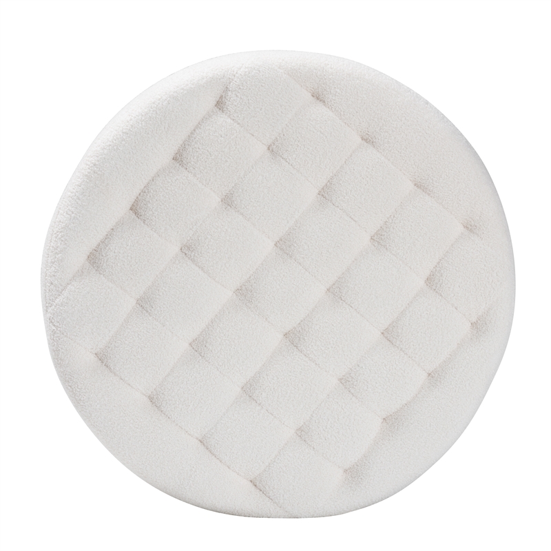 Pemberly Row Ivory Boucle Upholstered and Black Wood Round Ottoman