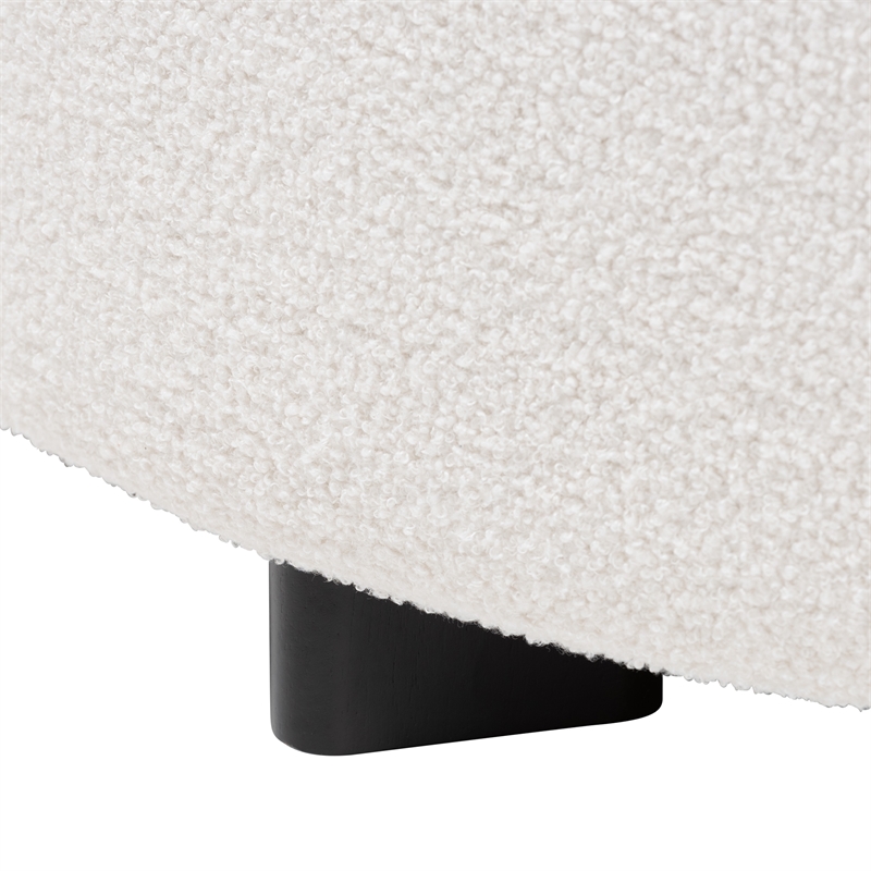 Pemberly Row Ivory Boucle Upholstered and Black Wood Round Ottoman