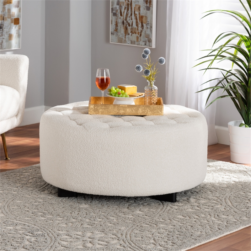 Pemberly Row Ivory Boucle Upholstered and Black Wood Round Ottoman