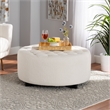 Pemberly Row Ivory Boucle Upholstered and Black Wood Round Ottoman