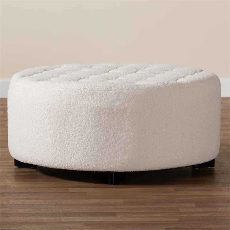 Pemberly Row Ivory Boucle Upholstered and Black Wood Round Ottoman